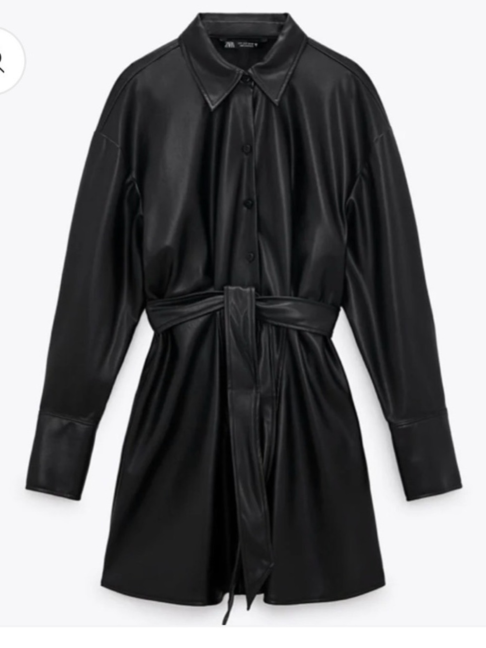 Zara Black Faux Leather Shirt Jacket with Waist Tie